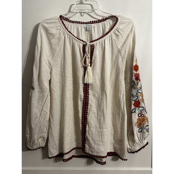 Sundance Tops - Sundance Sz PS Ivory Linen Embroidered Peasant Blouse Tassels Boho Cream